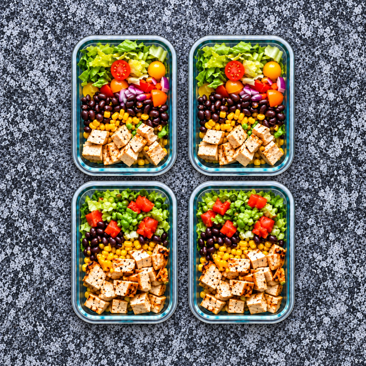 Four plant-based packaged meals in matching glass containers on a gray countertop